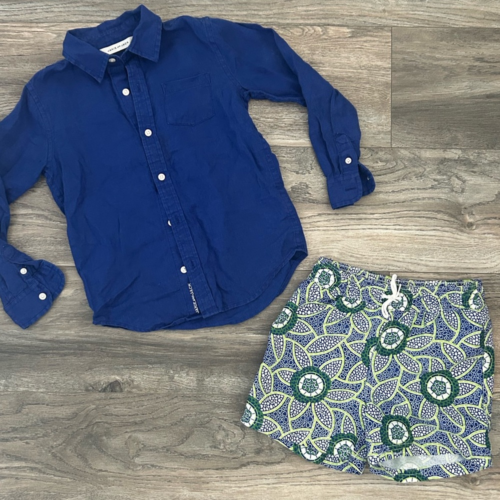 Janie and jack x Kaavia James swim trunks with blue linen button up boys 5 5t